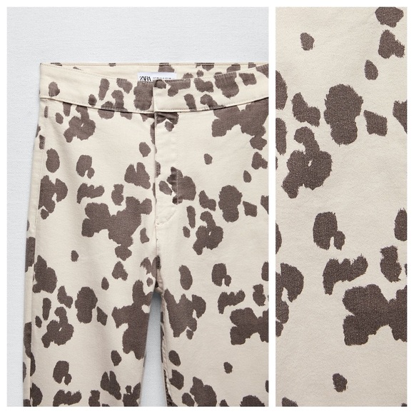 NWT Zara Cream/Brown Animal Print Flared Full Length High Waist Jeggings Size 14 - Picture 4 of 7